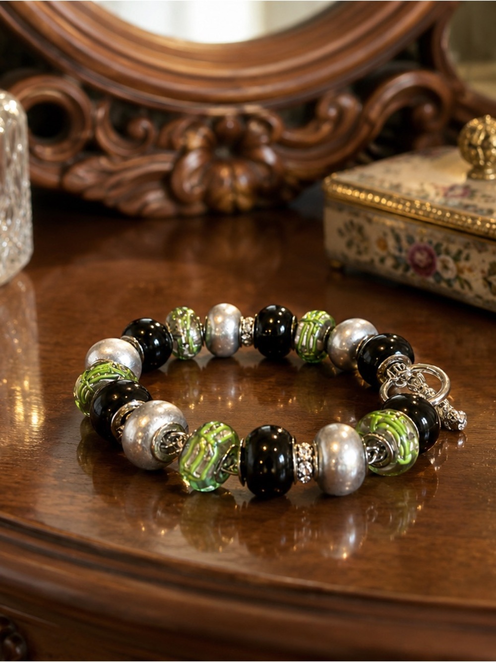Murano Style Artisan Glass Bracelet – Green Black Silver 925 Beads